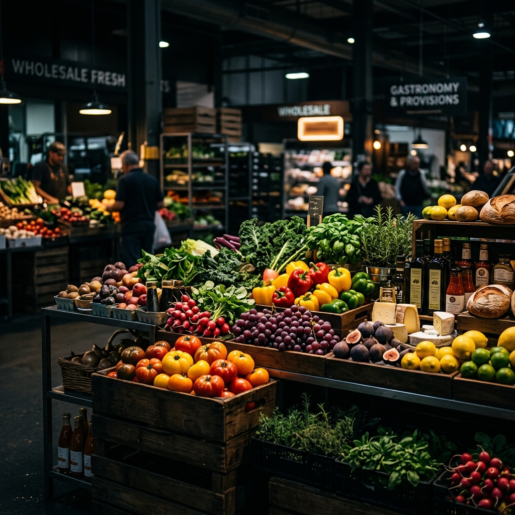 Marktstand mit frischem Obst, Gemüse, Käse und Brot